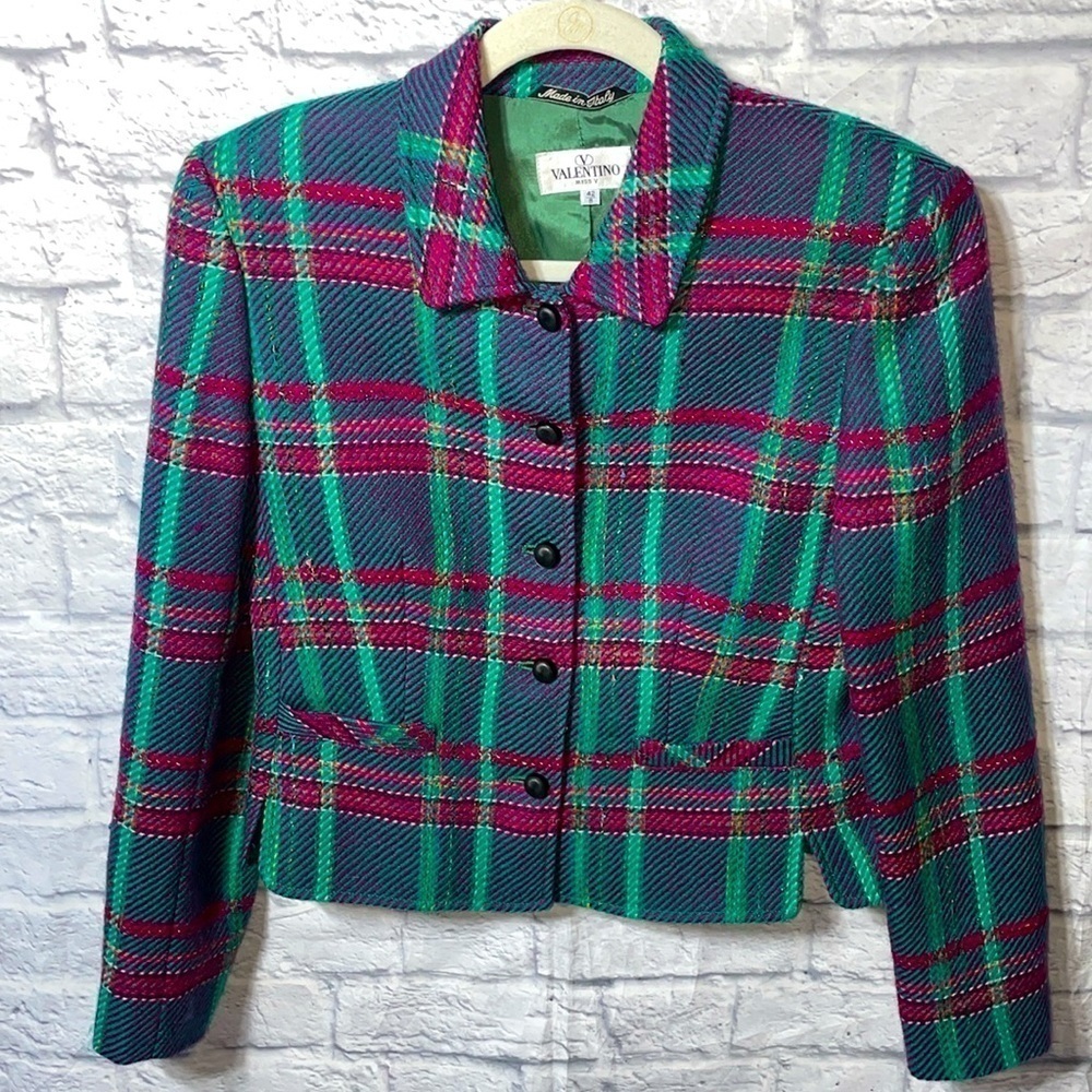 Vintage Valentino Miss V Classic Plaid Wool Button Down Blazer Cardigan Jacket - Picture 3 of 10